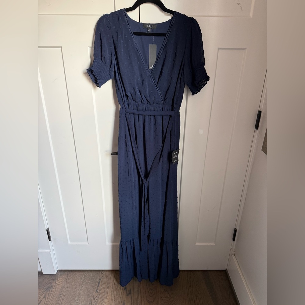 NWT Lulu’s Harmony Navy Blue Swiss Dot Ruffled Faux Wrap Midi Dress size small.